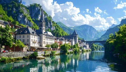 Fototapeta premium A picturesque European town nestled beside a tranquil river, framed by lush green trees, majestic mountains, and a clear blue sky