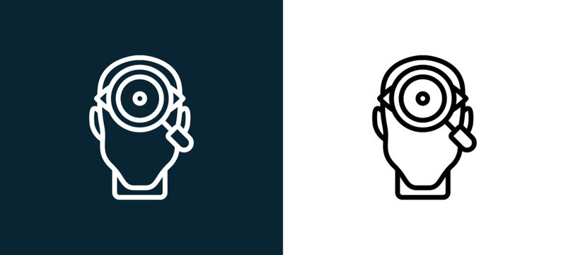 Two-color observation outline icon pair in black and white, editable stroke vector illustration for web, mobile apps, UI design, branding, and print from human mind