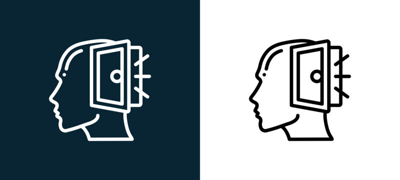 Two-color open mind outline icon pair in black and white, editable stroke vector illustration for web, mobile apps, UI design, branding, and print from human mind