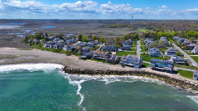 Third Cliff village aerial view at the North River mouth to the Atlantic Ocean in town of Scituate, Massachusetts MA, USA. 