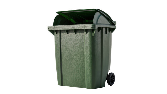 Dark green plastic wheeled garbage bin with open lid, isolated on transparent background