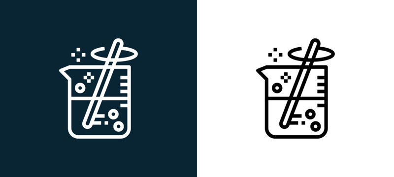 Two-color beaker outline icon pair in black and white, editable stroke vector illustration for web, mobile apps, UI design, branding, and print from science