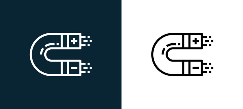 Two-color magnet outline icon pair in black and white, editable stroke vector illustration for web, mobile apps, UI design, branding, and print from science