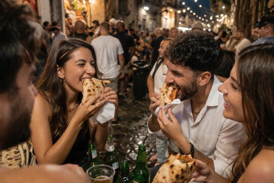 Freunde essen Calzone in Neapel bei Nacht
Junge Erwachsene genie&szlig;en gef&uuml;llte Pizza in enger Altstadtgasse mit Stra&szlig;enflair