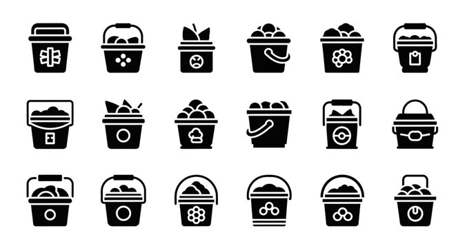 Black bucket icons, industrial symbol set, 20 waste management graphics, trash can illustrations, vector dumpster signs