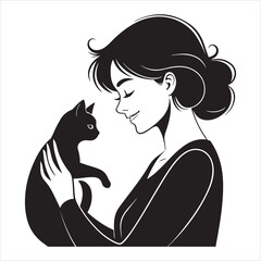 Sylheti vector art illustration of a girl holding and petting a cat  © Provati