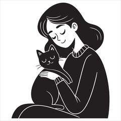Sylheti vector art illustration of a girl holding and petting a cat  © Provati