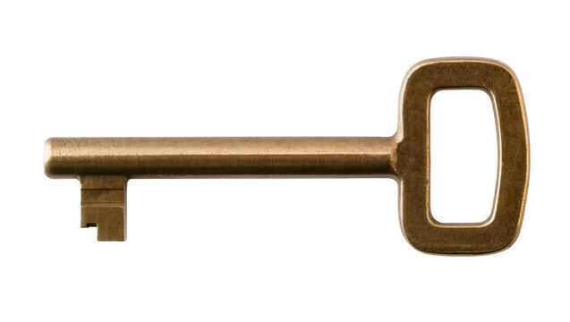 Antique brass skeleton key with rectangular bow, isolated on transparent background