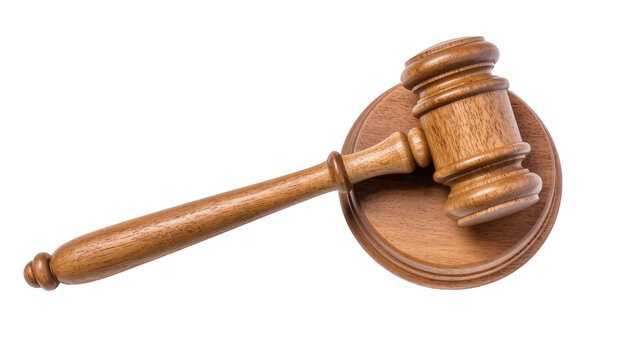 Wooden gavel resting on sound block, isolated on transparent background