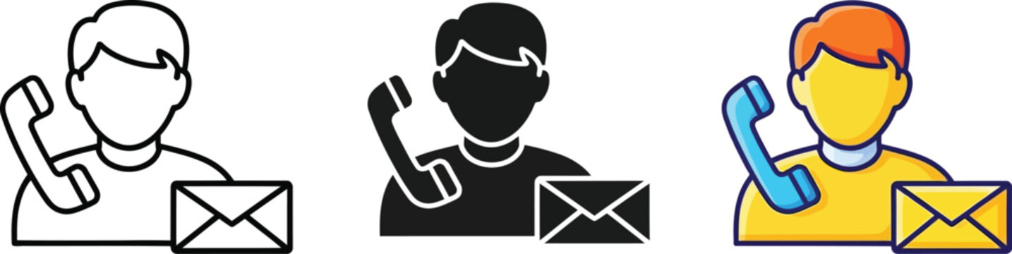 Customer service operator vector illustration set featuring telephone headset and email envelope icons for business communication contact web design