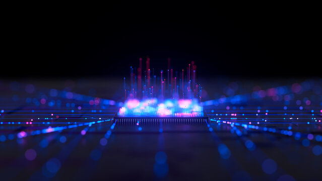 Front view on Artificial intelligence microchip, central data processing unit on circuit board. Quantum computing core with data flow into and logic operations. Futuristic technology neural network.
