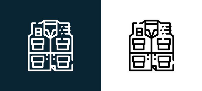 Two-color fishing vest outline icon pair in black and white, editable stroke vector illustration for web, mobile apps, UI design, branding, and print from camping