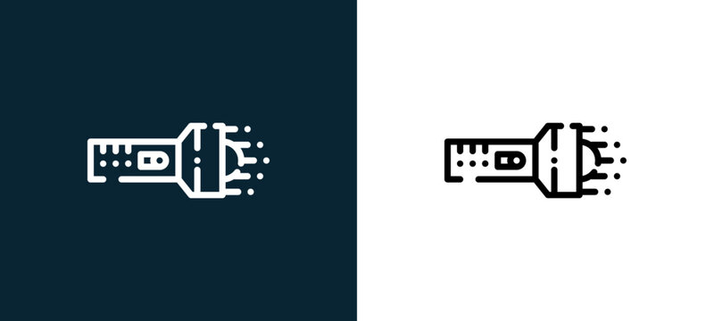 Two-color flashlight outline icon pair in black and white, editable stroke vector illustration for web, mobile apps, UI design, branding, and print from camping