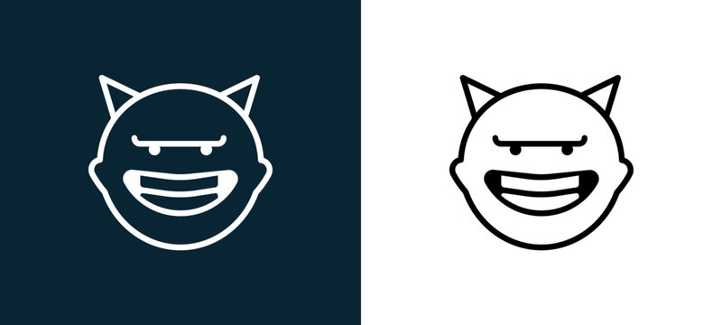 Two-color devil outline icon pair in black and white, editable stroke vector illustration for web, mobile apps, UI design, branding, and print from classics