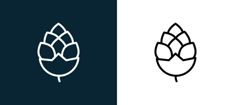 Two-color pine cone outline icon pair in black and white, editable stroke vector illustration for web, mobile apps, UI design, branding, and print from seasons