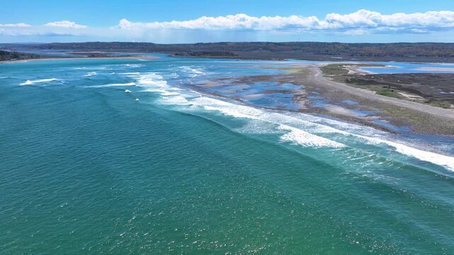 Third Cliff village aerial view at the North River mouth to the Atlantic Ocean in town of Scituate, Massachusetts MA, USA. 