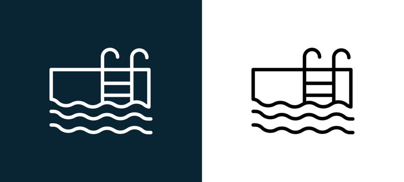 Two-color swimming pool outline icon pair in black and white, editable stroke vector illustration for web, mobile apps, UI design, branding, and print from seasons
