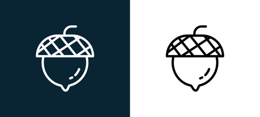 Two-color acorn outline icon pair in black and white, editable stroke vector illustration for web, mobile apps, UI design, branding, and print from seasons © MacroOne