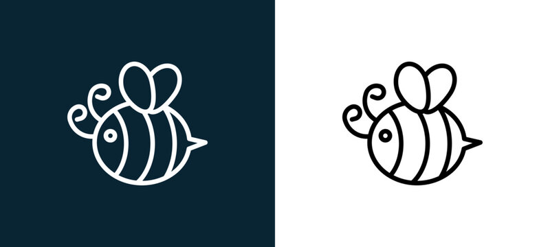 Two-color bee outline icon pair in black and white, editable stroke vector illustration for web, mobile apps, UI design, branding, and print from seasons