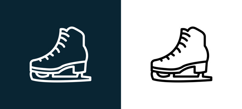 Two-color ice skating outline icon pair in black and white, editable stroke vector illustration for web, mobile apps, UI design, branding, and print from seasons