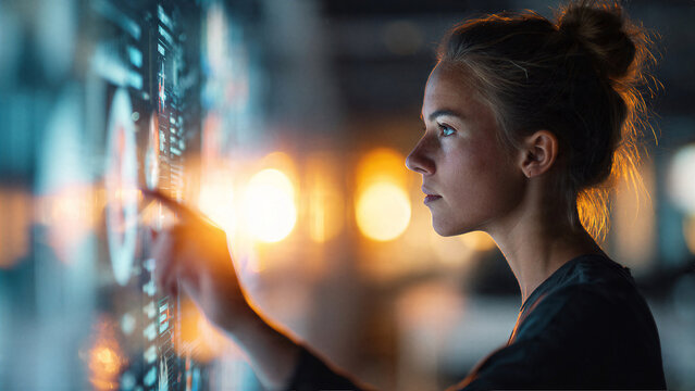 Young woman using futuristic transparent touchscreen interface with glowing elements representing digital innovation and human computer interaction