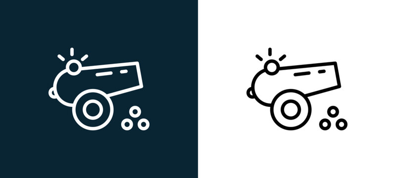 Two-color canon outline icon pair in black and white, editable stroke vector illustration for web, mobile apps, UI design, branding, and print from military