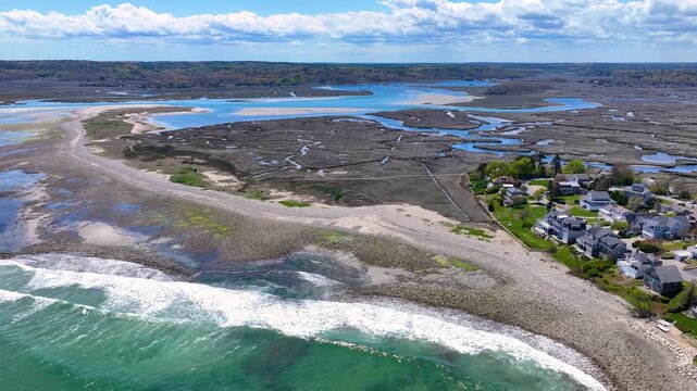 North River mouth to the Atlantic Ocean aerial view between Third Cliff and Fourth Cliff village in town of Scituate, Massachusetts MA, USA. 