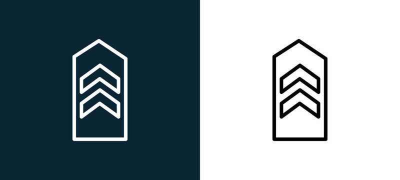 Two-color chevron outline icon pair in black and white, editable stroke vector illustration for web, mobile apps, UI design, branding, and print from military