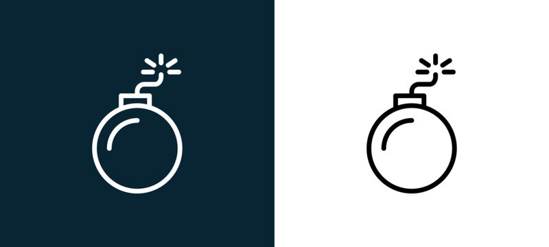 Two-color bomb outline icon pair in black and white, editable stroke vector illustration for web, mobile apps, UI design, branding, and print from military