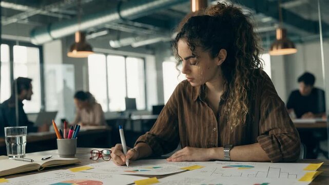 Medium shot of institutional investment analyst focused on assembling detailed quarterly performance charts with blurred office colleagues in background.
