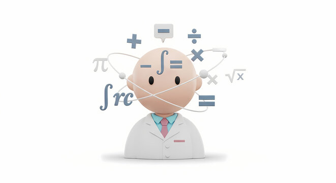 Mathematician with equations around head in 3D illustration