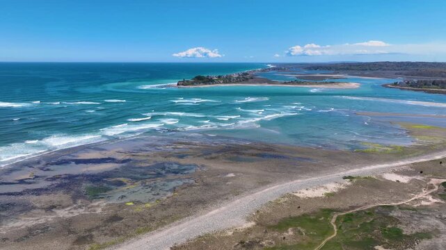Fourth Cliff village aerial view at the North River mouth to the Atlantic Ocean in town of Scituate, Massachusetts MA, USA. 