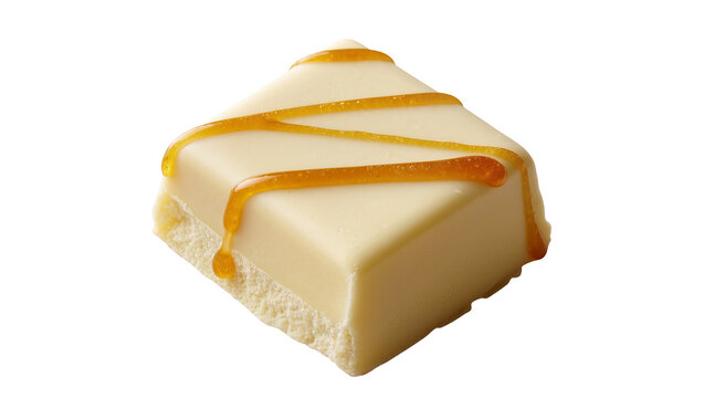 White chocolate petit four with caramel drizzle, isolated on transparent background