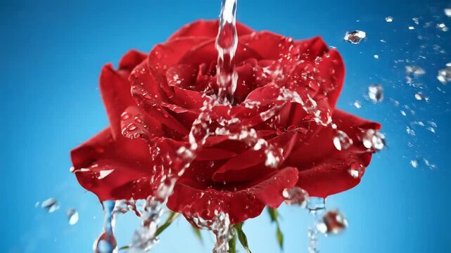 Closeup of a Red Rose Under Flowing Water.