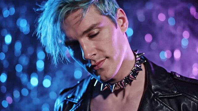 A young man with blue hair and a spiked collar in a leather jacket, illuminated by purple and blue lights.