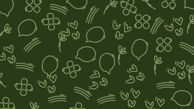 Green background with playful doodles. Hearts, balloons, and speech bubbles float gently. Soft lines create whimsical, cheerful energy. Ideal for kids' themes or cozy, imaginative designs