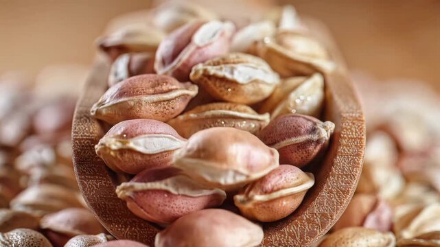 Closeup of Raw Peanuts in a Wooden Spoon on a Rustic Surface.