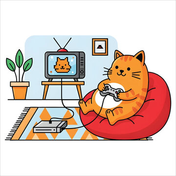 A playful cartoon cat engrossed in a video game session, sitting comfortably on a beanbag chair in a cozy living room setting vector design