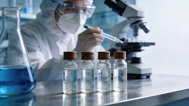 Scientist in protective gear working in laboratory with microscope and test tubes conducting research and analysis medical and scientific concept healthcare and innovation