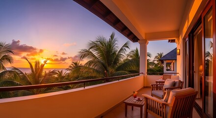 Fototapeta premium A luxurious balcony view of a vibrant tropical sunset over the ocean with palm trees and comfortable outdoor furniture.