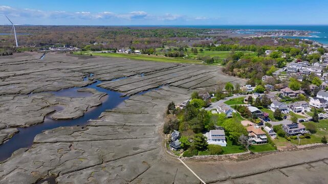 Third Cliff village aerial view at the North River mouth to the Atlantic Ocean in town of Scituate, Massachusetts MA, USA. 