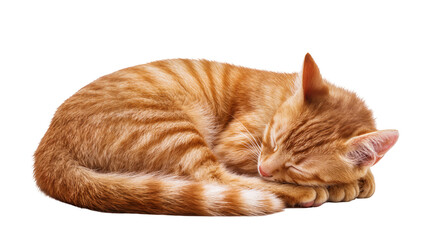 Orange tabby cat curled up sleeping peacefully, isolated on transparent background