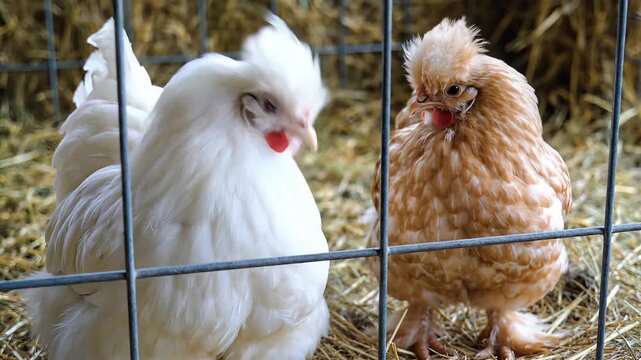 Two fluffy chickens with unique crests behind a fence.