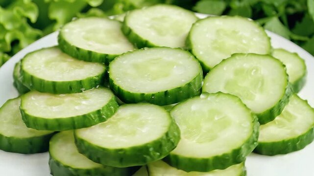 Freshly Sliced Cucumbers on a White Plate Ready for Serving.