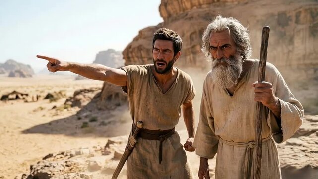 Determined young man pointing and explaining to a wise old man in a vast desert landscape for ancient journey concept and historical guidance