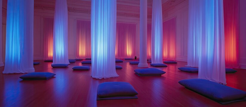 Mystical Meditation Room: Blue Cushions, Flowing Drapes, and Dynamic Blue-Orange Lighting