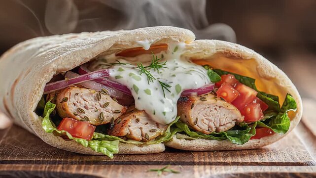 Deliciously Steaming Gyro Sandwich Filled with Meat Vegetables and Sauce.