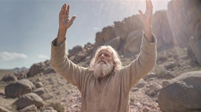 Elderly man with a beard raising hands in prayer in a desert landscape for spiritual worship concept and divine connection under bright sun