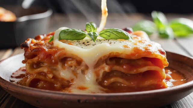 Delicious Lasagna with Melting Cheese and Fresh Basil.