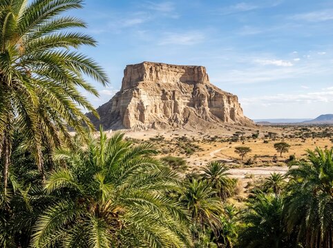 Rocky desert landscape with palm trees and mountains